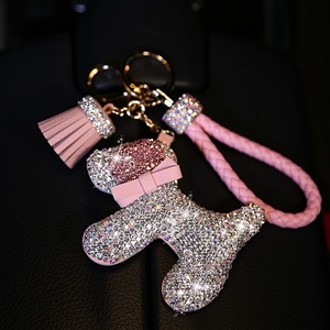 Dog Tassels Cow Leather Diamond Crystal Car Keychain Handbag Car Keyring Key Pendant - Pink
