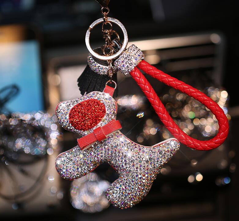 Dog Tassels Cow Leather Diamond Crystal Car Keychain Handbag Car Keyring Key Pendant - Red