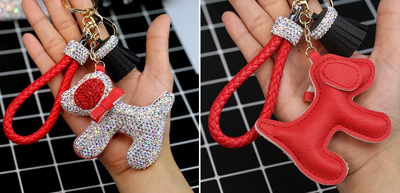Dog Tassels Cow Leather Diamond Crystal Car Keychain Handbag Car Keyring Key Pendant - Red