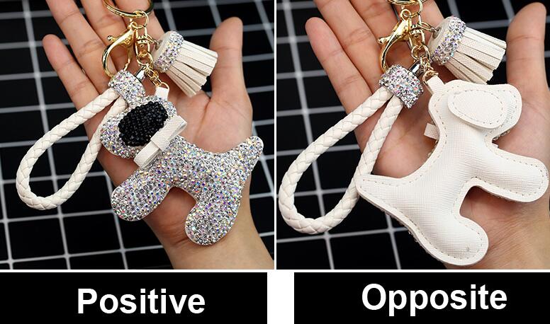 Dog Tassels Cow Leather Diamond Crystal Car Keychain Handbag Car Keyring Key Pendant - White