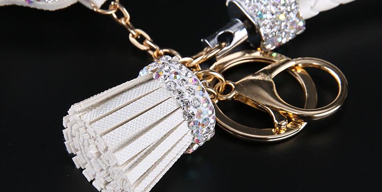 Dog Tassels Cow Leather Diamond Crystal Car Keychain Handbag Car Keyring Key Pendant - White