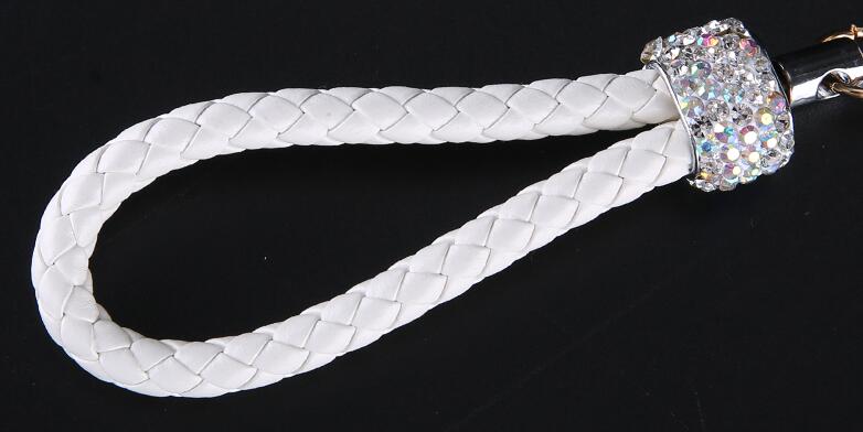 Dog Tassels Cow Leather Diamond Crystal Car Keychain Handbag Car Keyring Key Pendant - White