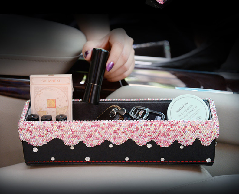 Gorgeous 1pcs Crystal Car Storage Bucket Leather Storage Box Diamond Auto Storage Bag - Pink