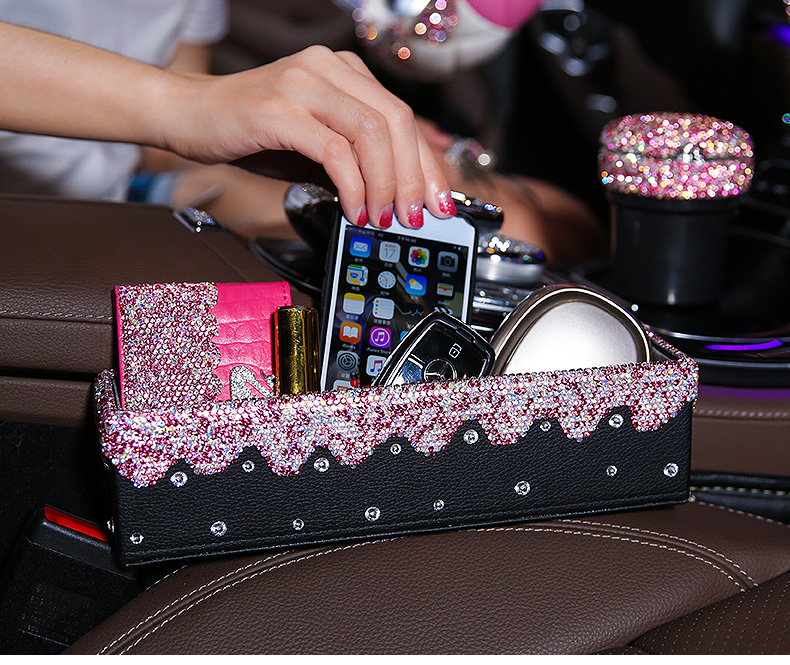 Gorgeous 1pcs Crystal Car Storage Bucket Leather Storage Box Diamond Auto Storage Bag - Purple