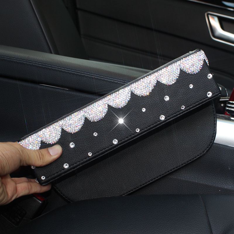 Gorgeous 1pcs Crystal Car Storage Bucket Leather Storage Box Diamond Auto Storage Bag - White