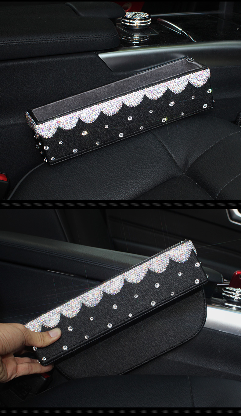 Gorgeous 1pcs Crystal Car Storage Bucket Leather Storage Box Diamond Auto Storage Bag - White