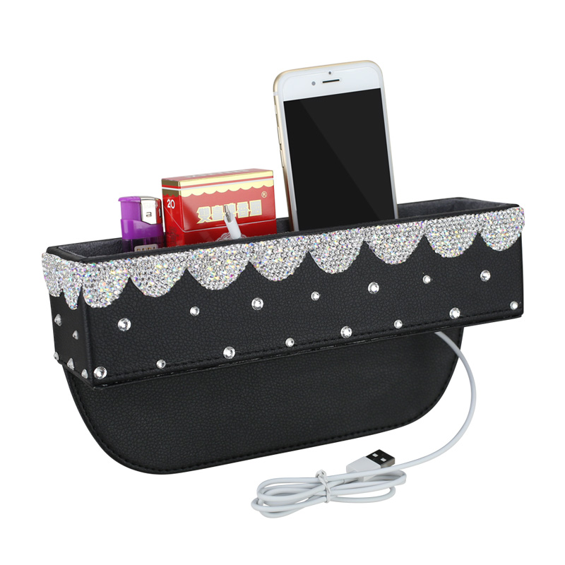 Gorgeous 1pcs Crystal Car Storage Bucket Leather Storage Box Diamond Auto Storage Bag - White