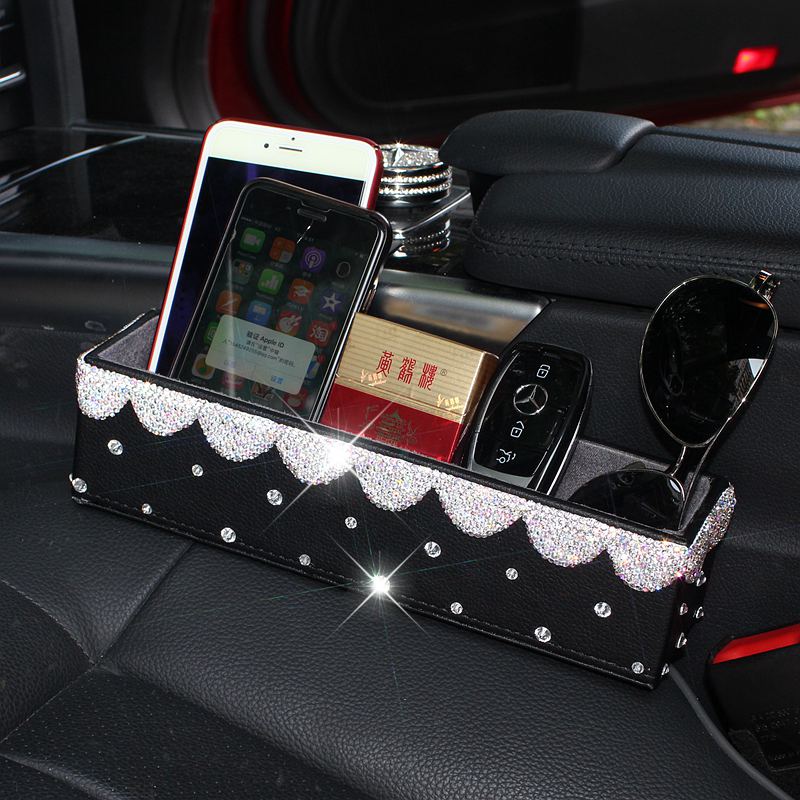 Gorgeous 1pcs Crystal Car Storage Bucket Leather Storage Box Diamond Auto Storage Bag - White