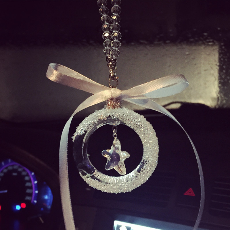Hanging Pendant Bowknot Star Gorgeous Bling Bling Diamonds Crystal Car Pendant Car Interior Decoration - White