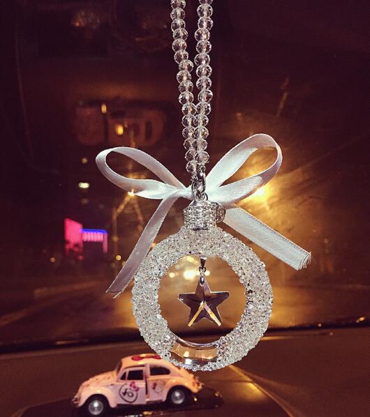 Hanging Pendant Bowknot Star Gorgeous Bling Bling Diamonds Crystal Car Pendant Car Interior Decoration - White