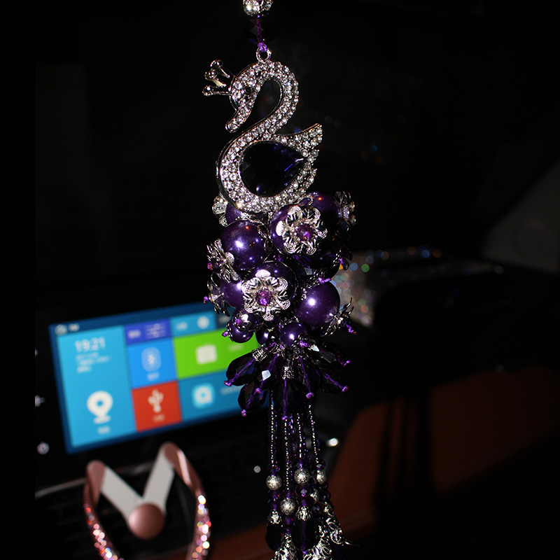 Hanging Pendant Tassels Peacock Pearls Bling Bling Diamonds Crystal Car Pendant Car Interior Decoration - Purple