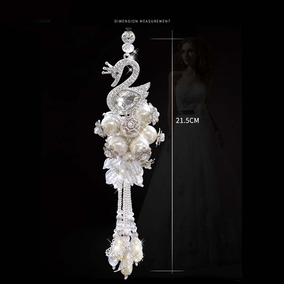 Hanging Pendant Tassels Peacock Pearls Bling Bling Diamonds Crystal Car Pendant Car Interior Decoration - White