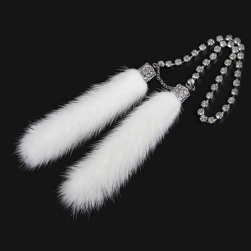 Hanging Pendant White Mink Fur Beautiful Bling Bling Diamonds Crystal Car Pendant Car Interior Decoration - White