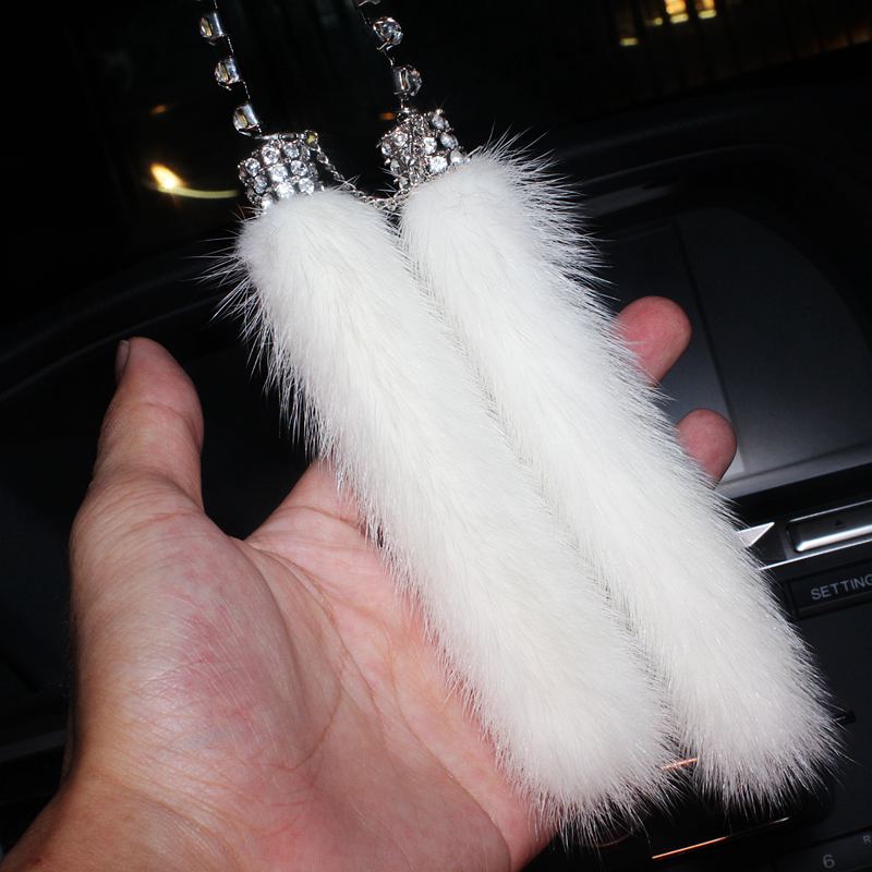 Hanging Pendant White Mink Fur Beautiful Bling Bling Diamonds Crystal Car Pendant Car Interior Decoration - White