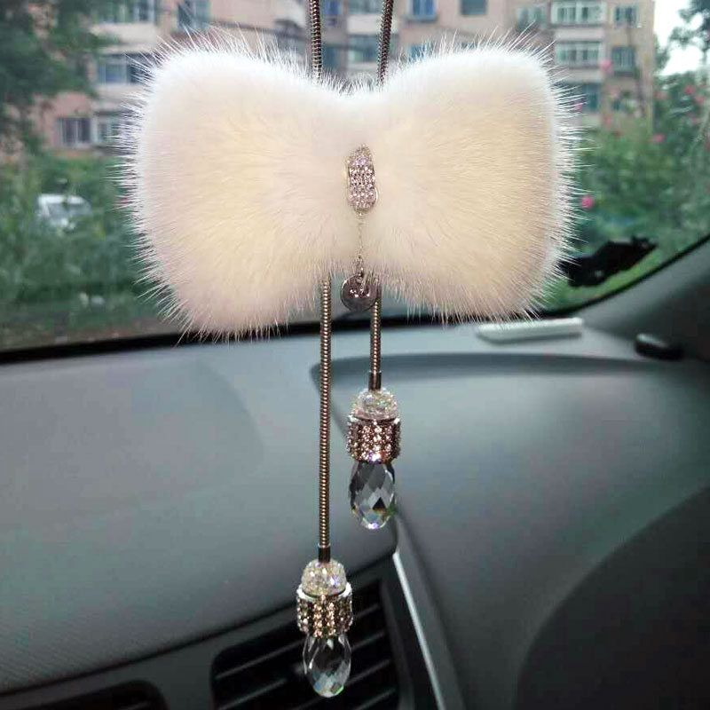 Hanging Pendant White Mink Fur Brilliant Bling Bling Diamonds Crystal Car Pendant Car Interior Decoration - White