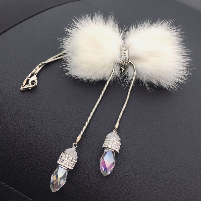 Hanging Pendant White Mink Fur Brilliant Bling Bling Diamonds Crystal Car Pendant Car Interior Decoration - White