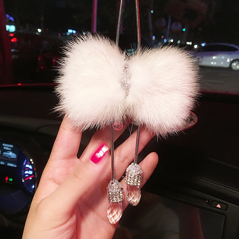 Hanging Pendant White Mink Fur Brilliant Bling Bling Diamonds Crystal Car Pendant Car Interior Decoration - White