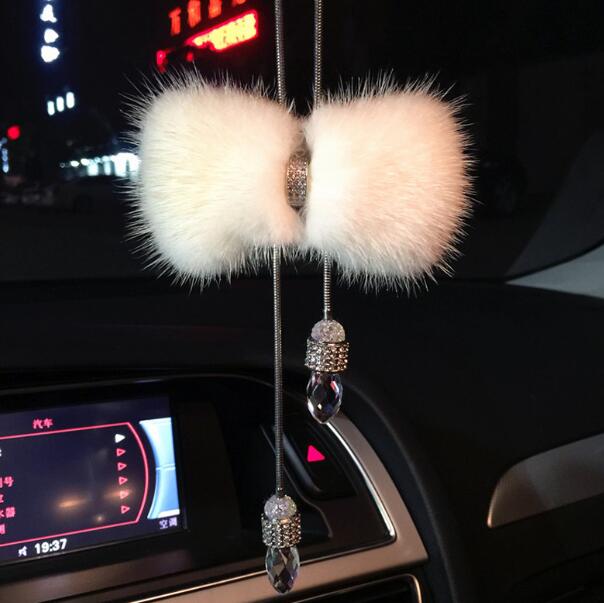 Hanging Pendant White Mink Fur Brilliant Bling Bling Diamonds Crystal Car Pendant Car Interior Decoration - White