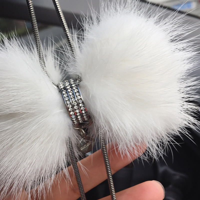 Hanging Pendant White Mink Fur Brilliant Bling Bling Diamonds Crystal Car Pendant Car Interior Decoration - White