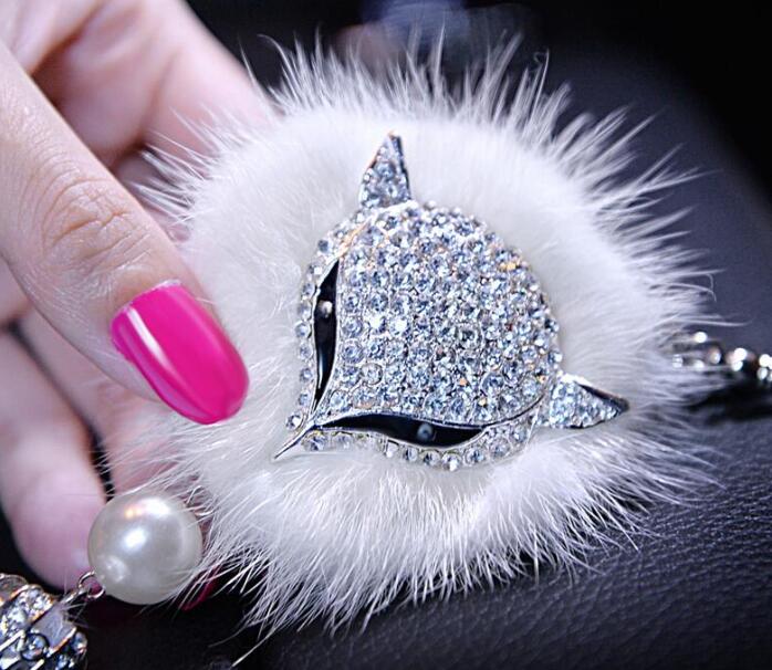 Hanging Pendant White Mink Fur Fox Bling Bling Diamonds Crystal Car Pendant Car Interior Decoration - White