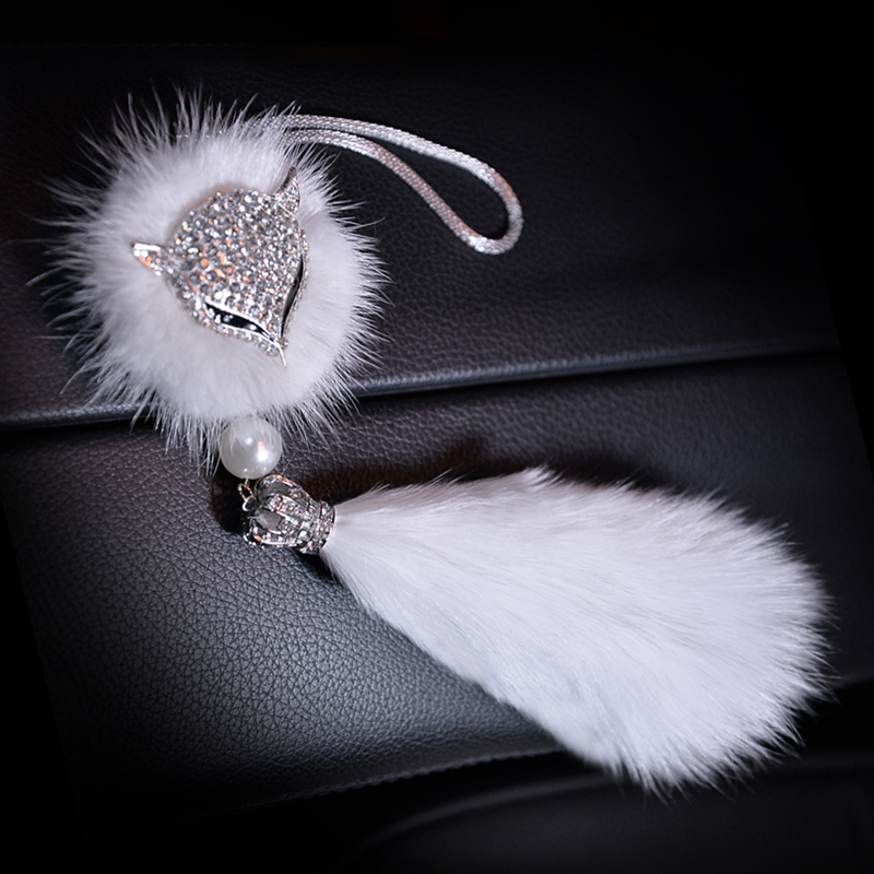 Hanging Pendant White Mink Fur Fox Bling Bling Diamonds Crystal Car Pendant Car Interior Decoration - White