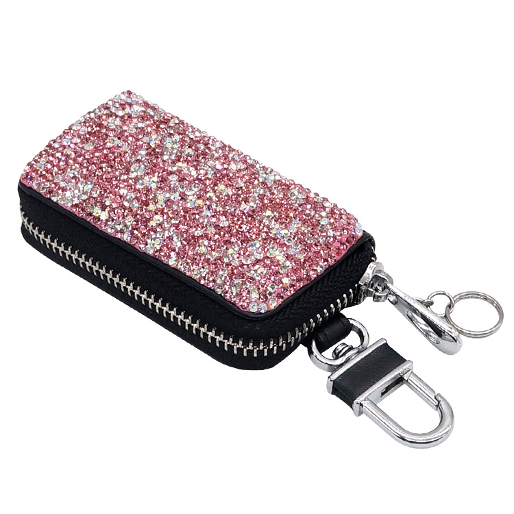 Luxurious Beautiful Crystal Genuine Leather Auto Key Bags Key Chain - Pink