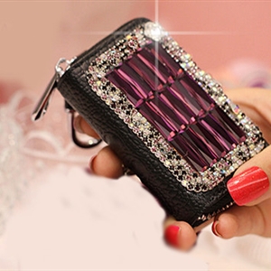 Luxurious Brilliant Crystal Genuine Leather Auto Key Bags Key Chain - Black