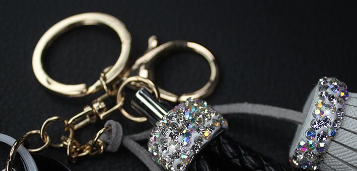 Mirror Flower Tassels Cow Leather Diamond Crystal Car Keychain Handbag Car Keyring Key Pendant - White