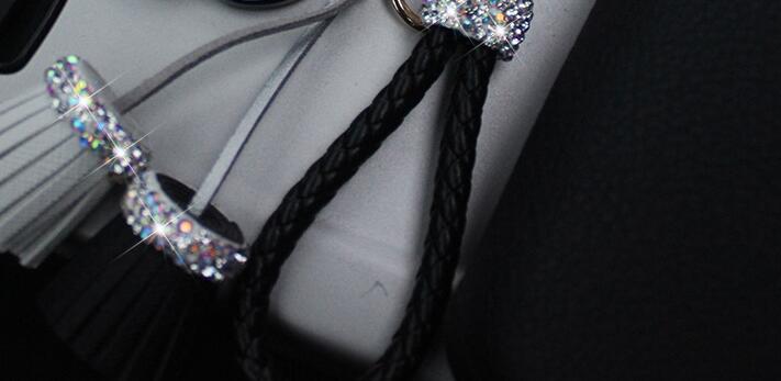 Mirror Flower Tassels Cow Leather Diamond Crystal Car Keychain Handbag Car Keyring Key Pendant - White