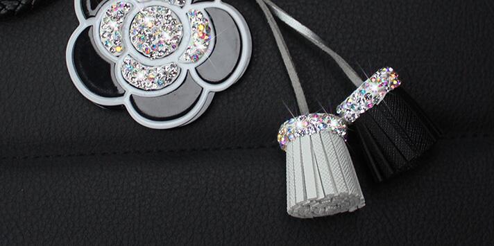 Mirror Flower Tassels Cow Leather Diamond Crystal Car Keychain Handbag Car Keyring Key Pendant - White