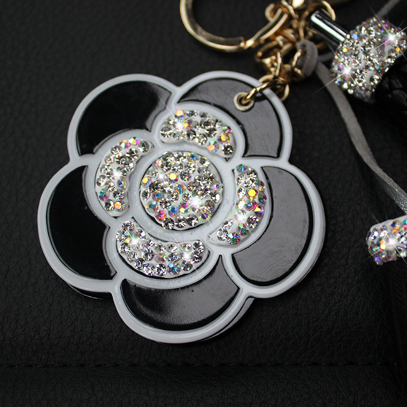 Mirror Flower Tassels Cow Leather Diamond Crystal Car Keychain Handbag Car Keyring Key Pendant - Black