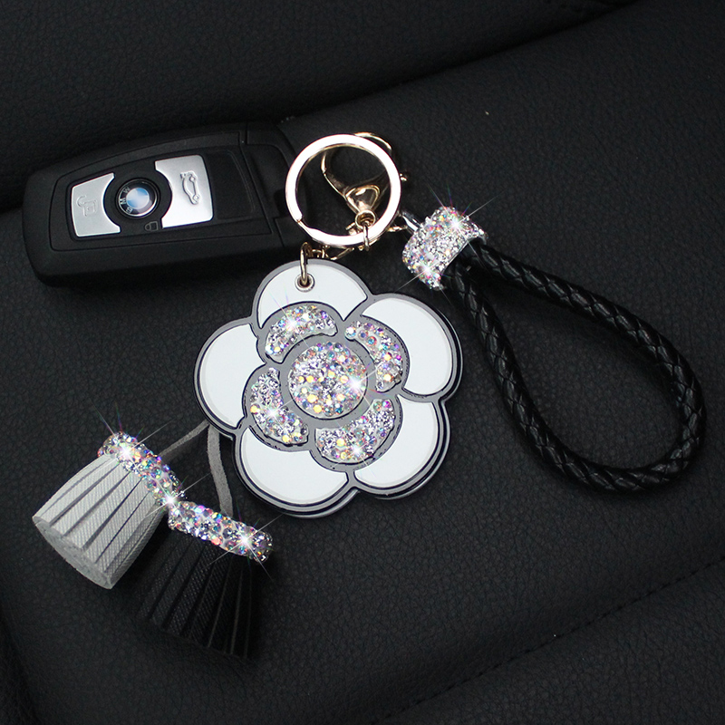 Mirror Flower Tassels Cow Leather Diamond Crystal Car Keychain Handbag Car Keyring Key Pendant - White