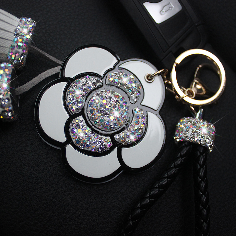 Mirror Flower Tassels Cow Leather Diamond Crystal Car Keychain Handbag Car Keyring Key Pendant - White