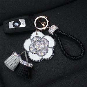 Mirror Flower Tassels Cow Leather Diamond Crystal Car Keychain Handbag Car Keyring Key Pendant - White