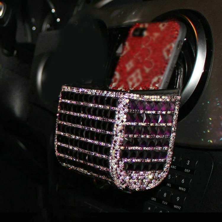 Nice 1pcs Crystal Car Storage Bucket Leather Storage Box Diamond Auto Storage Bag - Purple