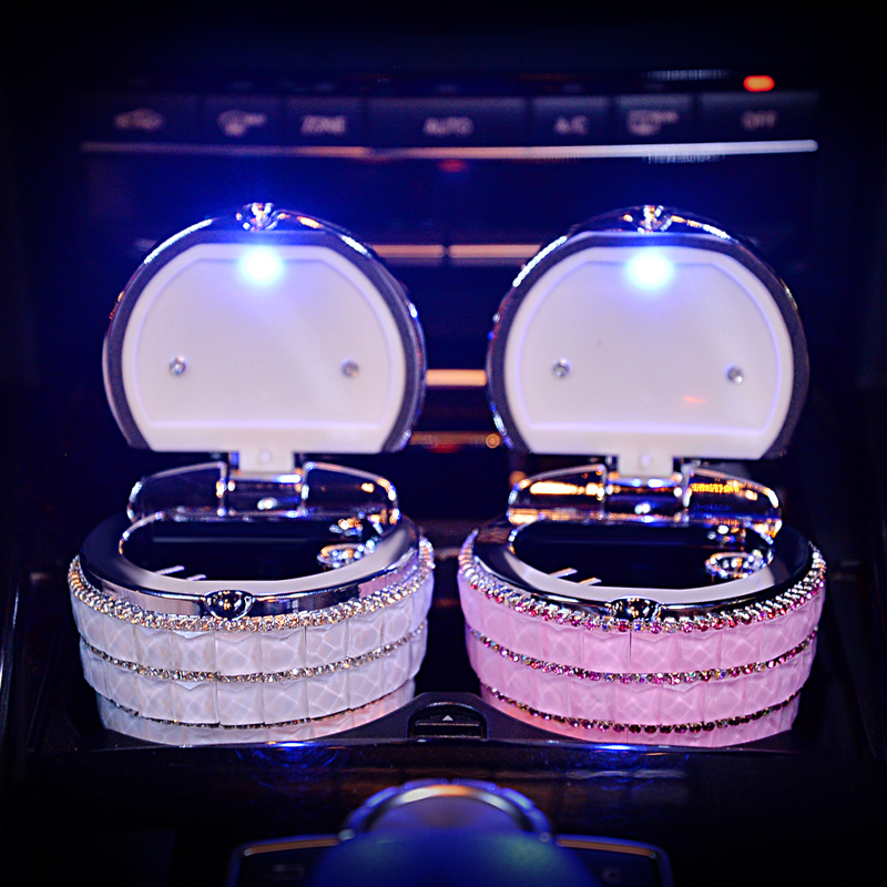 Portable Auto Ashtray with Led Light Crystal Bling Bling Car Ash Tray Storage Cup Holder for Girls Woman - White