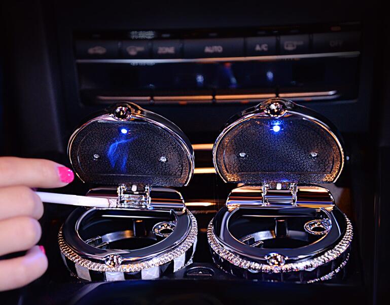 Portable Car Ashtray with Led Light Crystal Bling Bling Car Ash Tray Storage Cup Holder for Girls Woman - Purple
