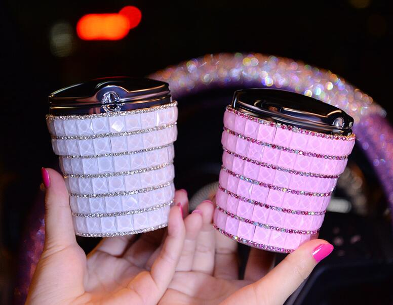 Portable Auto Ashtray with Led Light Crystal Bling Bling Car Ash Tray Storage Cup Holder for Girls Woman - White