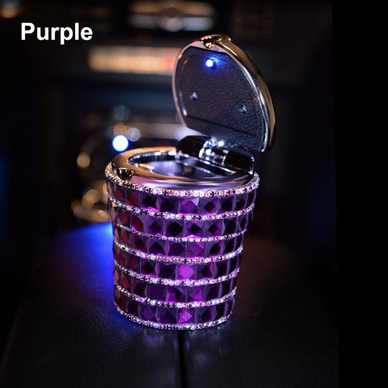 Portable Car Ashtray with Led Light Crystal Bling Bling Car Ash Tray Storage Cup Holder for Girls Woman - Purple