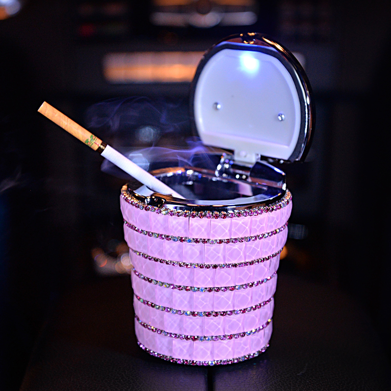 Portable Car Ashtray with Led Light Crystal Bling Bling Car Ash Tray Storage Cup Holder for Girls Woman - Red