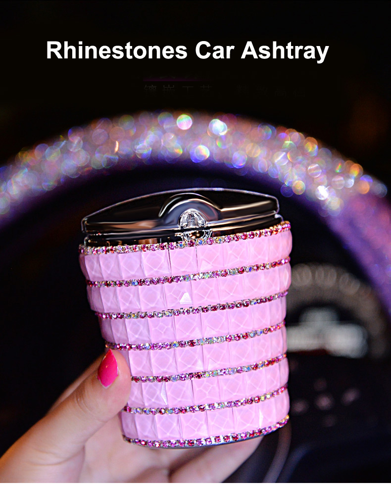 Portable Car Ashtray with Led Light Crystal Bling Bling Car Ash Tray Storage Cup Holder for Girls Woman - Red