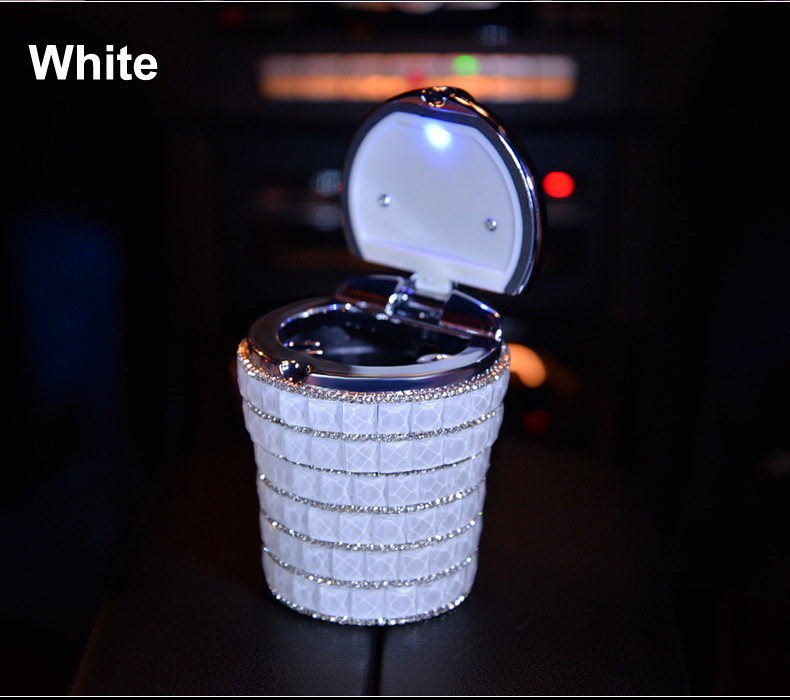 Portable Auto Ashtray with Led Light Crystal Bling Bling Car Ash Tray Storage Cup Holder for Girls Woman - White