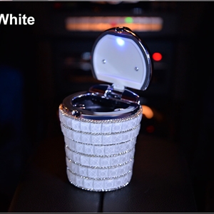 Portable Auto Ashtray with Led Light Crystal Bling Bling Car Ash Tray Storage Cup Holder for Girls Woman - White