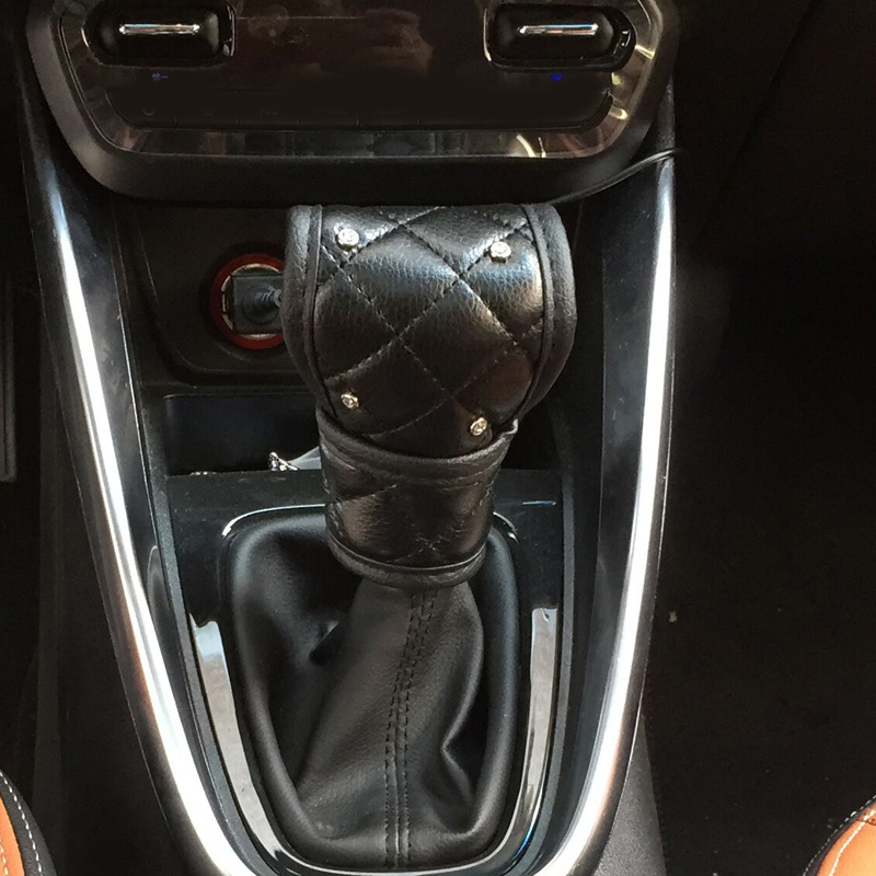Pretty 1pcs Crystal Car Gear Covers Leather Diamond Shift Cover Auto Interior Decro - Black