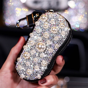 Pretty Cute Pearls Universal Bling Leather Auto Key Bags Key Chain - Black