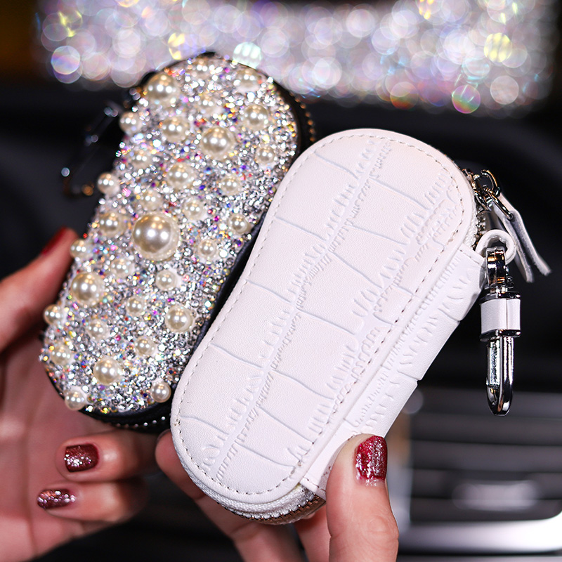 Pretty Cute Pearls Universal Bling Leather Auto Key Bags Key Chain - White