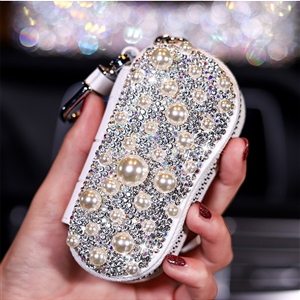 Pretty Cute Pearls Universal Bling Leather Auto Key Bags Key Chain - White