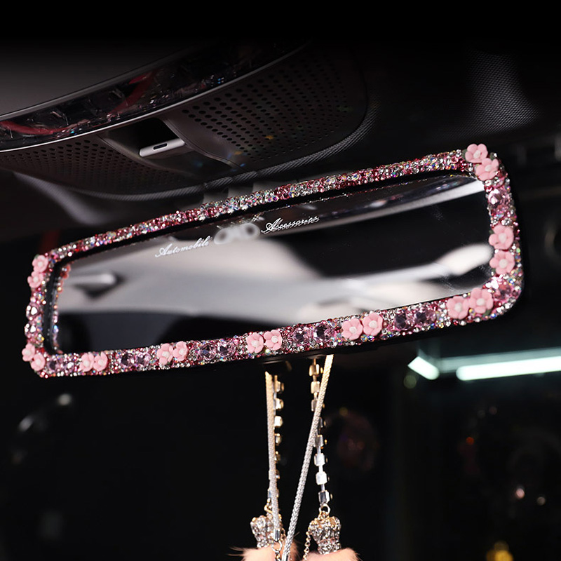 Pretty Flower Bling Bling Diamonds Crystal Car Rearview Mirror Auto Brilliant Rearview Mirror - Pink