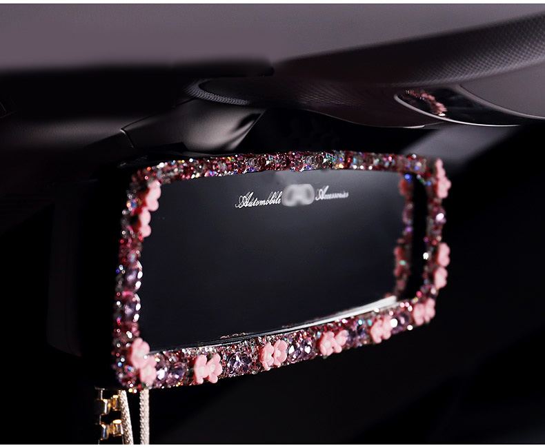 Pretty Flower Bling Bling Diamonds Crystal Car Rearview Mirror Auto Brilliant Rearview Mirror - Purple