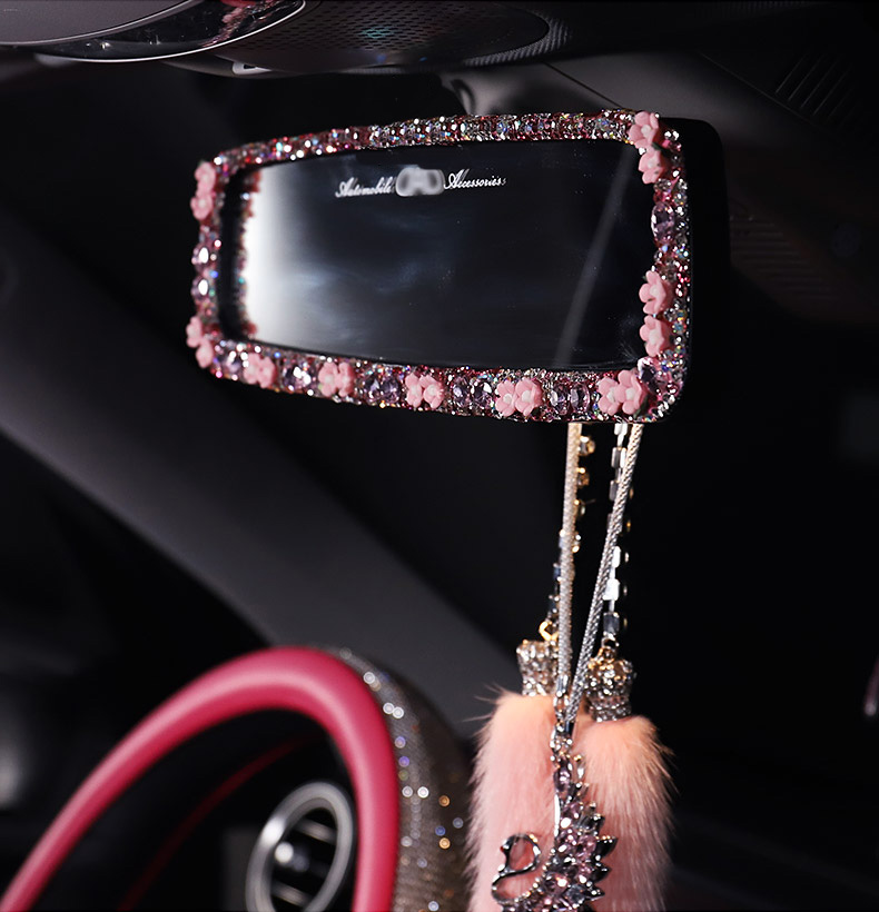 Pretty Flower Bling Bling Diamonds Crystal Car Rearview Mirror Auto Brilliant Rearview Mirror - Purple